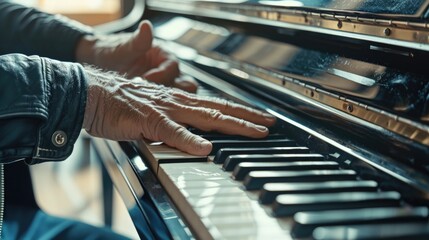Close up of a person playing a piano, suitable for music-related designs