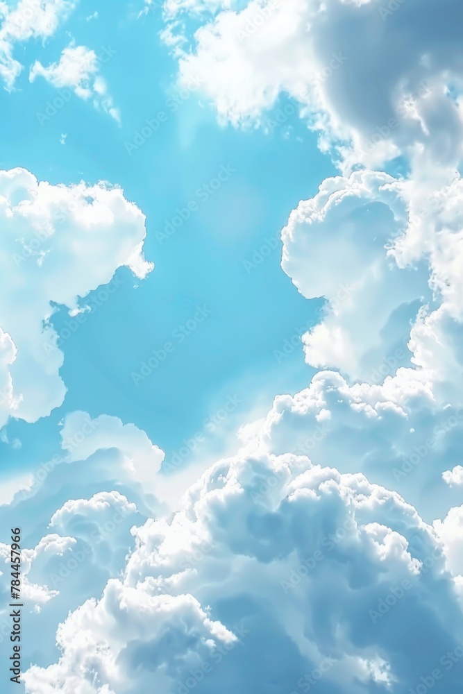 Poster a plane flying through a cloudy blue sky. suitable for travel and transportation concepts