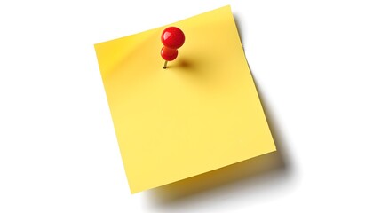 Bright yellow sticky note with a red push pin on white background. Simple and clean design for reminder and note-taking concepts. AI