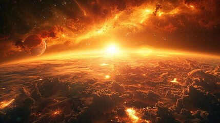Dramatic Cosmic Explosion Engulfs the Fiery Planet in a Spectacular Celestial Apocalypse - obrazy, fototapety, plakaty