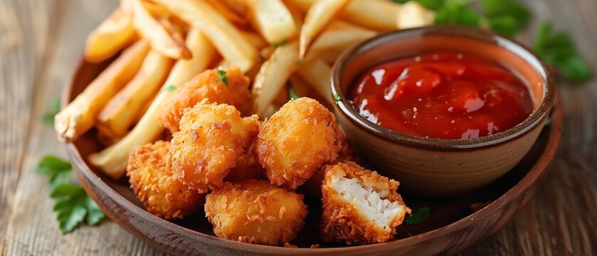 Close shot of chicken nuggets with fries and small bowl of tomato sauce kept on a wooden surface with space for text, Generative AI.