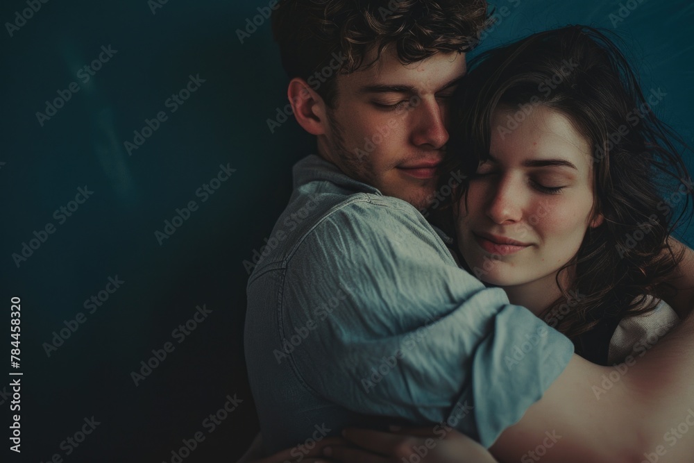 Poster a man and a woman hugging each other. suitable for various romantic concepts