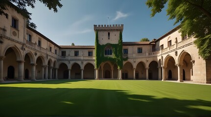 The historic buildings of the University of Cambridge. Green lawn and beautiful sky.generative.ai