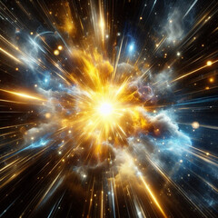 Naklejka premium Abstract yellow explosion star with blue glow and cosmic energy release