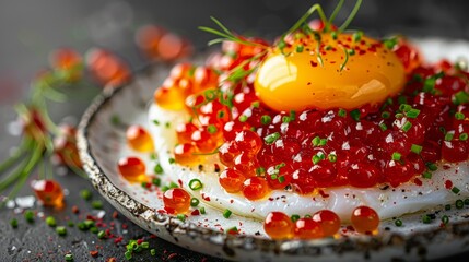  red caviar dotting it, a yellow egg perched atop