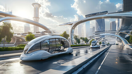 Future transport in a utopian city. Copy Space. - obrazy, fototapety, plakaty