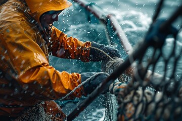 Close shot of a fisherman fishing in a rough weather in sea wearing raincoat with space for text or backdrop, Generative AI. - obrazy, fototapety, plakaty