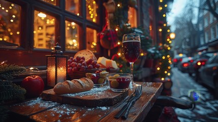   A wooden table, topped with a loaf of bread and a glass of wine, lies beside a window adorned with Christmas lights - obrazy, fototapety, plakaty