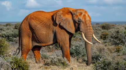 Obraz premium An elephant, featuring long tusks, stands amidst a field of lush green grass Above, a blue sky adorns the scene with scattered clouds