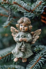 Naklejka premium A delicate angel ornament hanging from a Christmas tree. Perfect for holiday decorations