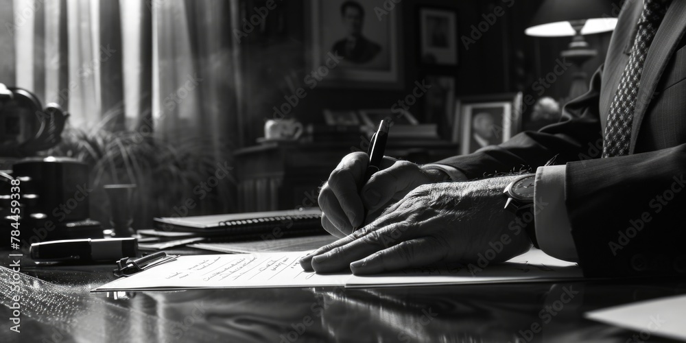 Poster a man in a suit writing on a piece of paper. suitable for business concepts