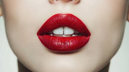 Close-up of woman's lips with vibrant red lipstick. Perfect for beauty and makeup concepts