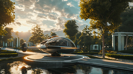 Flying car in a sci-fi park. Copy Space.
