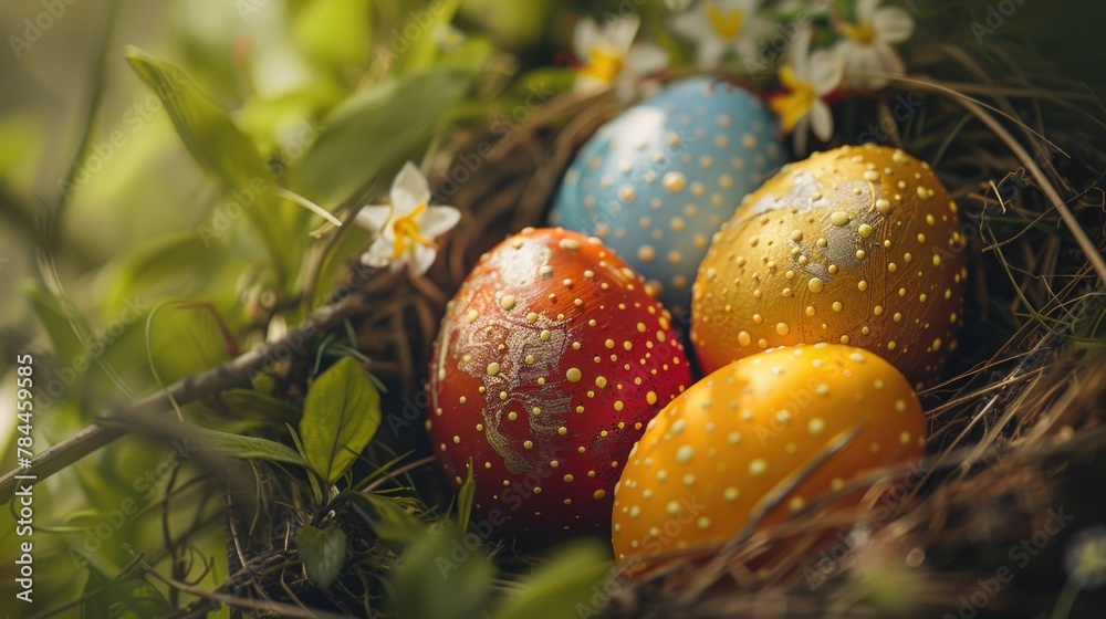 Poster Three eggs in a nest with a flower in the background. Suitable for Easter or spring-themed designs