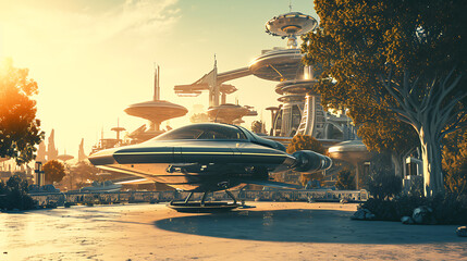 Flying car in a sci-fi park. Copy Space. - obrazy, fototapety, plakaty