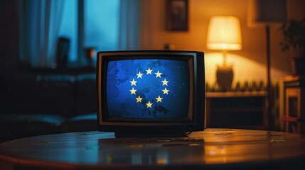 Television displaying the European flag. Suitable for news broadcasts or political topics - obrazy, fototapety, plakaty