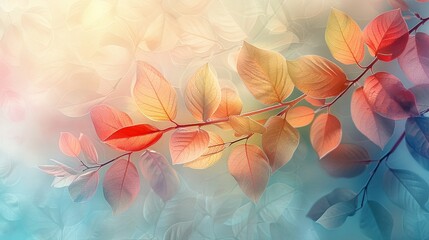 Colorful leaves in different artistic styles, serene and soothing, on a soft, gentle background, tranquil and lovely