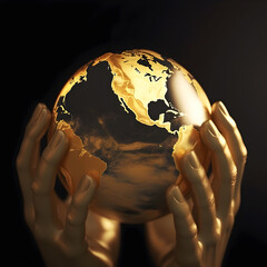 Golden hands holding the earth. Stylized illustration about protecting our planet.