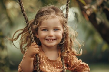 A young girl sitting on a swing, perfect for family and childhood themes - obrazy, fototapety, plakaty