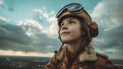 Girl wearing a helmet and goggles looking up at the sky. Suitable for sports and adventure concepts
