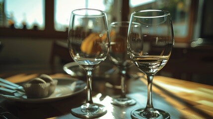Two wine glasses on a table, perfect for restaurant or bar themes
