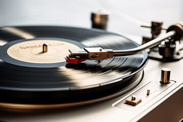 Vintage turntable playing vinyl record, retro music and audio equipment concept.