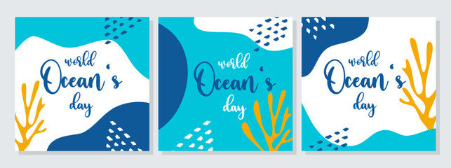 World Oceans Day blue poster set with yellow seaweed, coral. Harmonious flowing shapes in boho style.