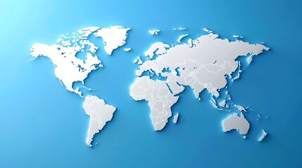 Simplified white world map on blue background, modern minimalist design for educational and marketing purposes. Ideal for presentations and infographics. AI