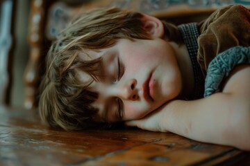 A young boy peacefully sleeping on a wooden table. Suitable for various concepts