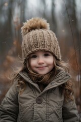 A little girl wearing a hat and jacket, perfect for winter fashion editorial