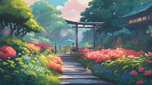 The warm sunlight hugs the earth, creating soft shadows under the lush trees. The fresh smell of the flowers attracts butterflies. seamless looping time lapse animation video background