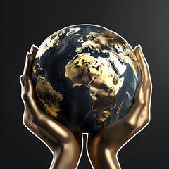 Golden hands holding the earth. Stylized illustration about protecting our planet.