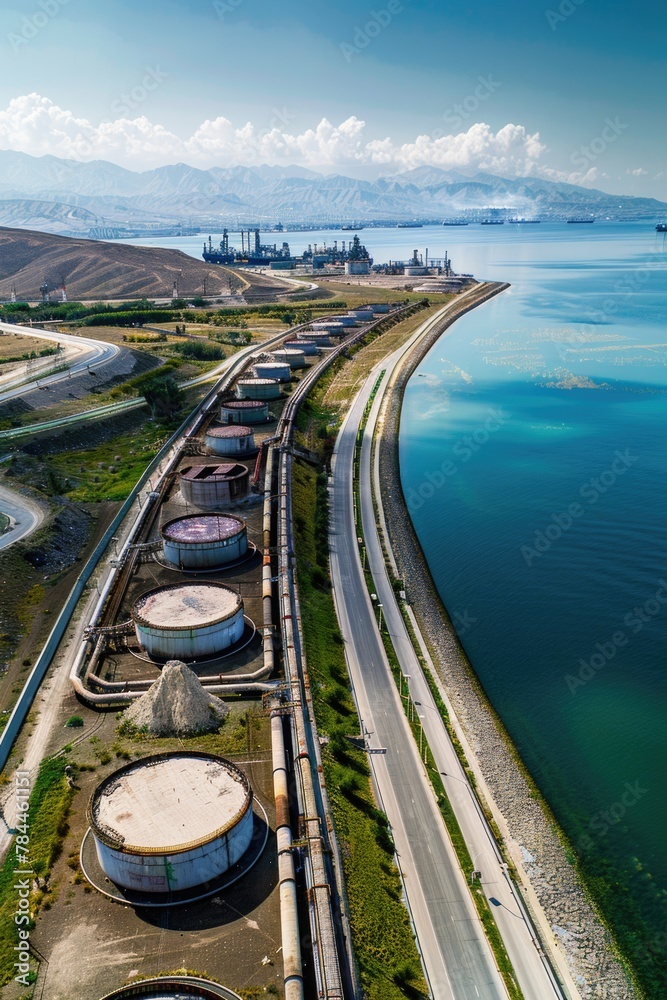 Poster aerial view of a highway next to a body of water. suitable for transportation and travel concepts