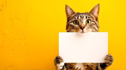 Adorable tabby cat holding blank sign for messages on yellow background. Cute cat with copy space...