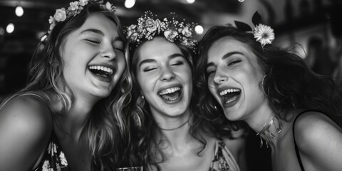 Obraz premium Three women enjoying a lively party atmosphere. Great for event promotions