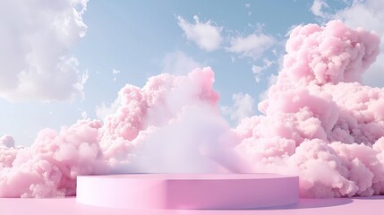Background podium pink 3d product blue sky platform display cloud pastel scene render stand. Pink podium stage minimal abstract background beauty dreamy space studio pedestal smoke showcase geometric 
