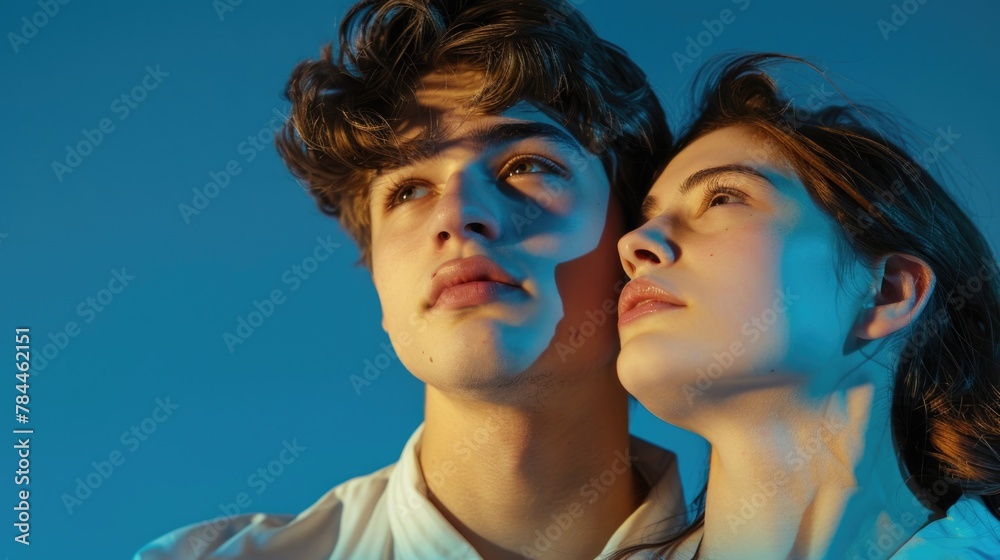 Poster A man and a woman standing side by side. Suitable for various concepts and projects