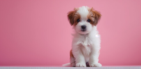 Playful Brown and White Puppy on Pink