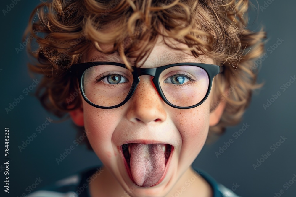 Poster A young boy with glasses playfully sticking out his tongue. Suitable for educational materials or children's books