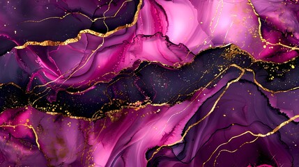 Abstract Purple and Gold Marble Texture Background. Elegant Fluid Art Painting. Luxurious Acrylic...