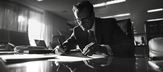 Fototapeta na wymiar A man sitting at a desk writing on a piece of paper. Suitable for office, education, or freelance concepts