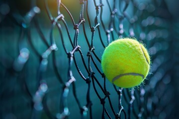 A vibrant yellow tennis ball lodged between the gaps of a dark chain link fence with a blurred background