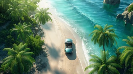 top view of a car driving on the beach