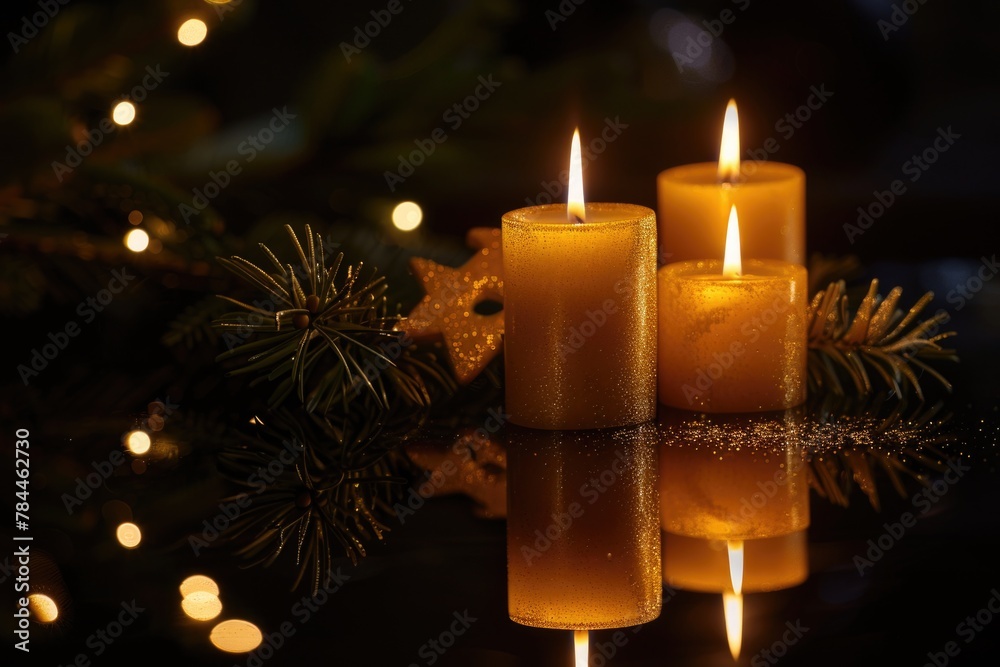 Poster Three candles placed on a table, suitable for various occasions and events