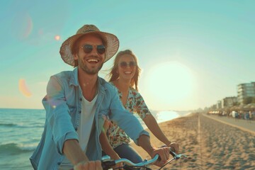 A cheerful couple enjoy a bike ride along the shoreline at sunset, capturing a sense of freedom and joy