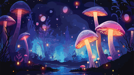 Mystical garden of glowing mushrooms and shimmering - obrazy, fototapety, plakaty