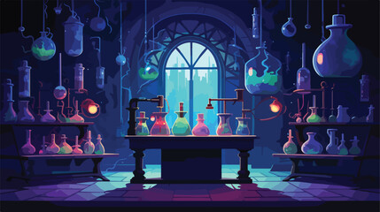 Mystical laboratory where scientists create potions - obrazy, fototapety, plakaty