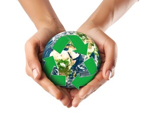 Cradling the Earth with Recycling Symbol, Concept of Environmental Protection and Care. Hands Presenting a Greener Future. AI