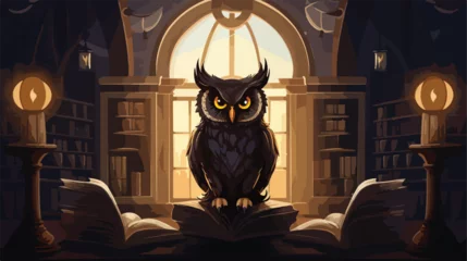 Küchenrückwand glas motiv Mystical library guarded by wise old owl with glowi © Hyper