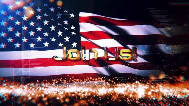 Join Us gold text motion with golden particles cinematic trailer title background with USA flag waving background.